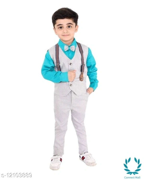 Boy's Ethnic Party Wear Shirt Waistcoat and Pant Set - 0-1 Years, Aqua, Top Fabric Bottom Fabric : Polyster, Multipack :single Add-Ons:bow Tie